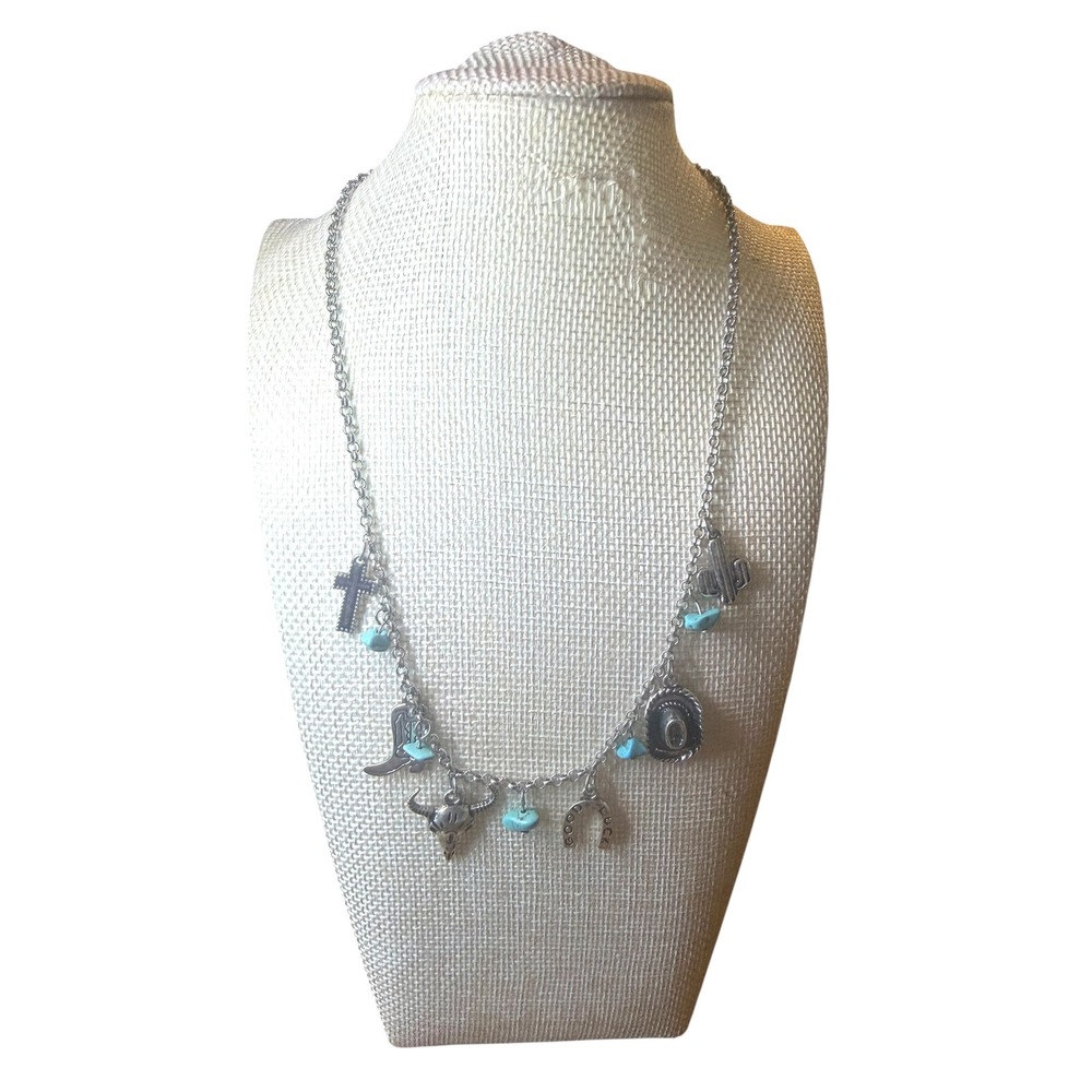 Southwestern Silver Charm Choker Necklace Faux Turquoise Country Festival EUC